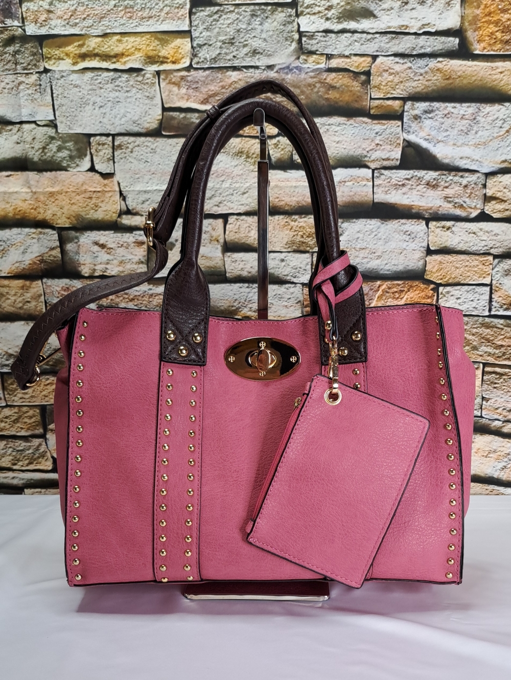 Alyssa Studded Turn-Lock Tote with Double Handles Adjustable Shoulder Strap